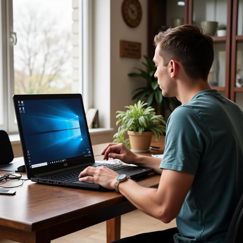 Hình ảnh một kỹ thuật viên đang cài đặt Windows trên laptop tại nhà khách hàng, minh họa cho dịch vụ nơi cài win tại nhà giá rẻ.