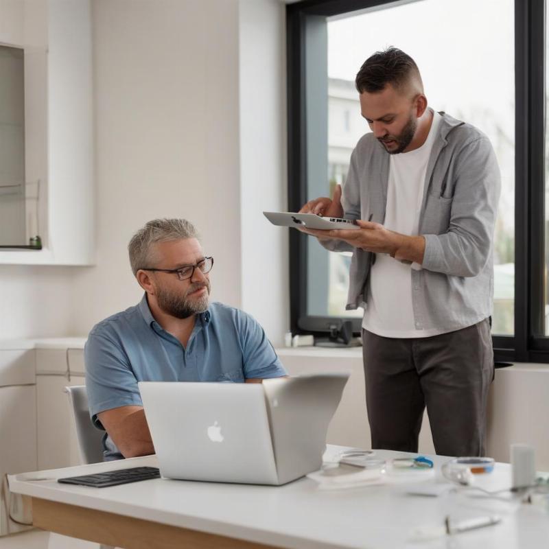 Kỹ thuật viên đang hỗ trợ khách hàng tại nhà, tư vấn về việc cài đặt và sử dụng Windows trên Macbook