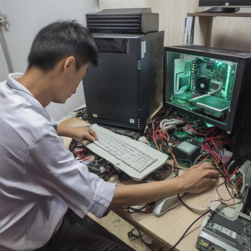 Một kỹ thuật viên đang sửa chữa máy tính bàn tại nhà khách hàng, minh họa dịch vụ sửa chữa máy tính bàn tại nhà ở TP.HCM