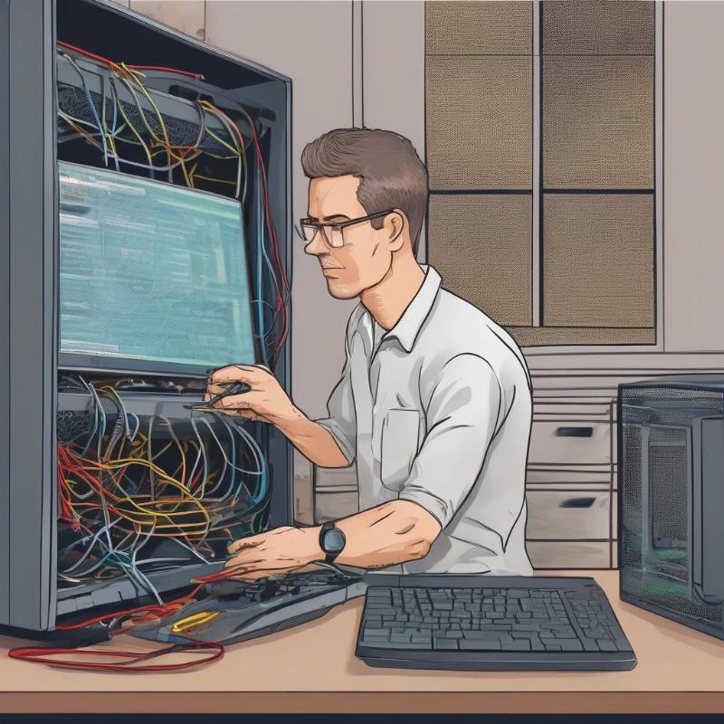 Kỹ thuật viên đang kiểm tra lỗi kết nối mạng trên máy tính tại nhà khách hàng với các thiết bị chuyên dụng, phong thái chuyên nghiệp