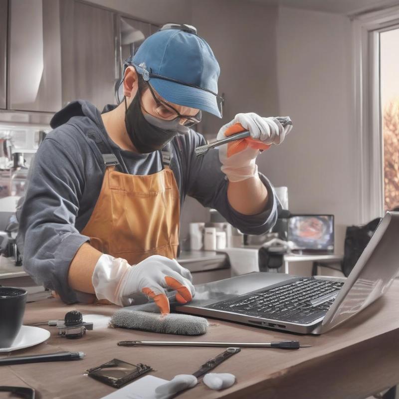 Kỹ thuật viên đang bảo dưỡng laptop tại nhà chuyên nghiệp