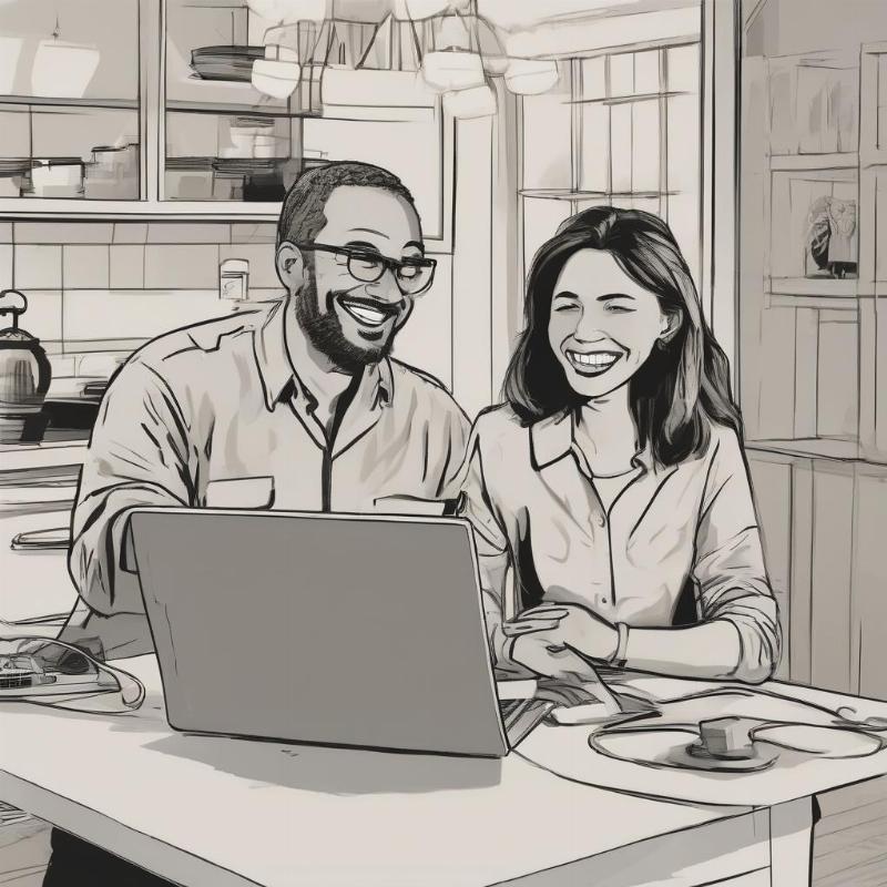 Khách hàng nữ đang trò chuyện với kỹ thuật viên sửa máy tính tại nhà, thể hiện sự hài lòng và tiện lợi