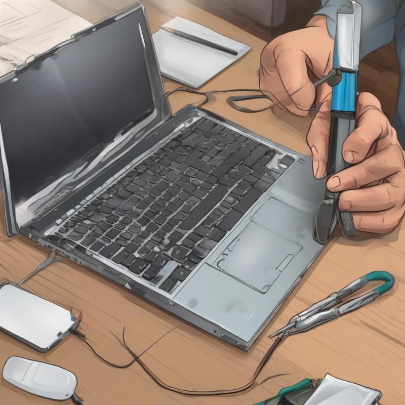 Hình ảnh kỹ thuật viên đang thực hiện các dịch vụ sửa chữa bản lề laptop tại nhà, bao gồm hàn, thay thế, và vệ sinh.