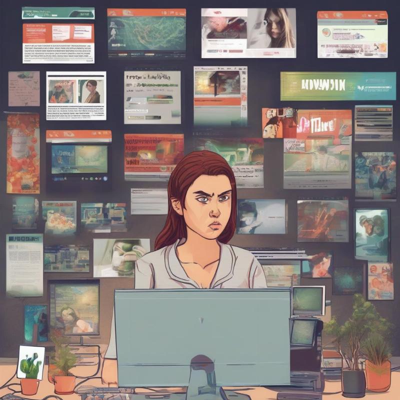 Một người phụ nữ trẻ đang cau mày nhìn màn hình máy tính hiển thị nhiều pop-up và quảng cáo lạ, thể hiện tình trạng máy tính bị nhiễm virus tại nhà. 