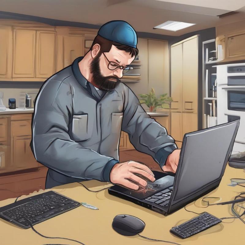 Một kỹ thuật viên chuyên nghiệp đang tập trung sửa chữa laptop bị nhiễm virus tại nhà của khách hàng, thể hiện sự chuyên nghiệp và tận tâm. 