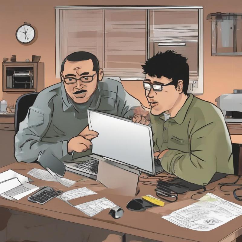 Một người dùng đang thảo luận với kỹ thuật viên về chi phí sửa máy tính bị nhiễm virus tại nhà, với hóa đơn và laptop trên bàn. 