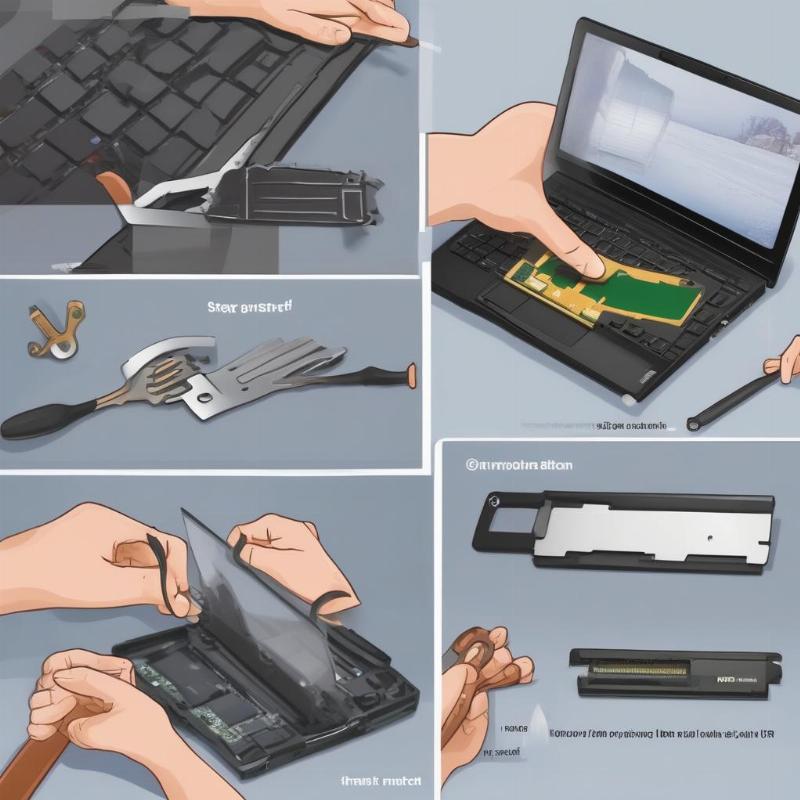 Hình ảnh mô tả quy trình từng bước nâng cấp RAM laptop tại nhà an toàn, từ việc mở nắp đến lắp đặt RAM mới và kiểm tra.