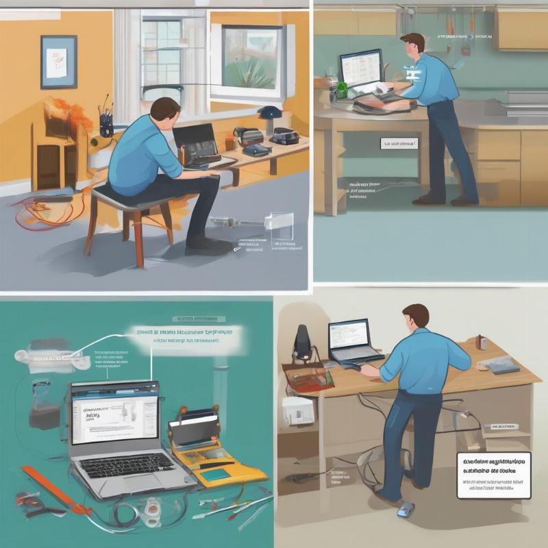 Hình ảnh thể hiện quy trình sửa bản lề laptop tại nhà theo từng bước, từ kiểm tra đến bàn giao.