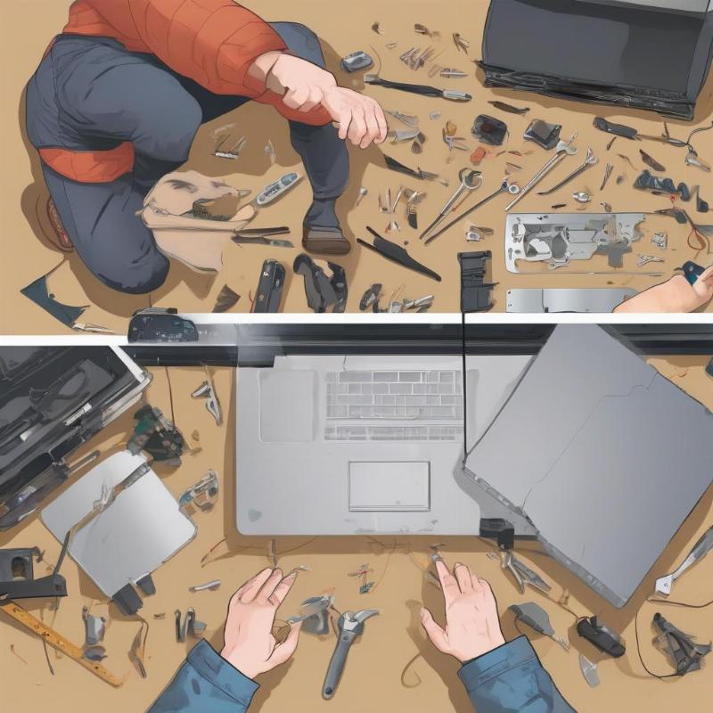 Hình ảnh so sánh việc tự sửa bản lề laptop tại nhà (có rủi ro) và gọi dịch vụ chuyên nghiệp (an toàn, hiệu quả).