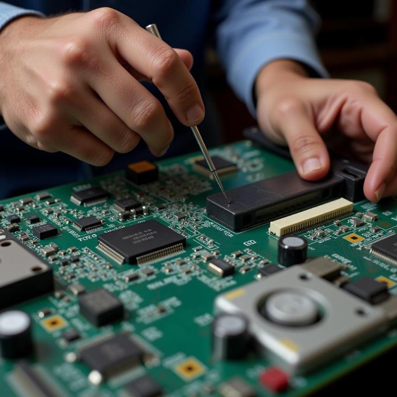 Kỹ thuật viên kiểm tra phần cứng của máy tính cũ trước khi đưa ra giá thu mua