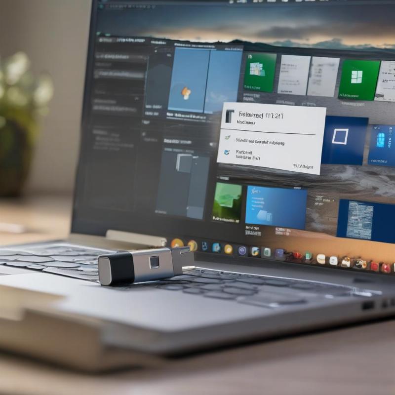 Hình ảnh một chiếc USB đang được cắm vào máy tính, trên màn hình là giao diện công cụ Rufus đang tạo USB cài đặt Windows 11 Home.