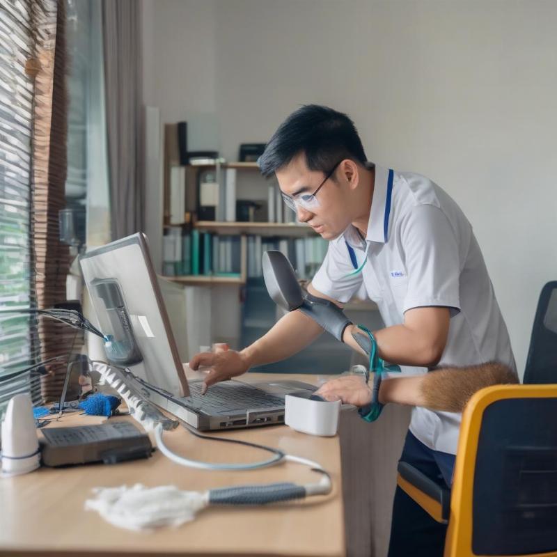 Kỹ thuật viên đang thực hiện vệ sinh máy tính tại nhà ở TP.HCM với đầy đủ dụng cụ chuyên nghiệp, đảm bảo sạch sẽ và hiệu quả.