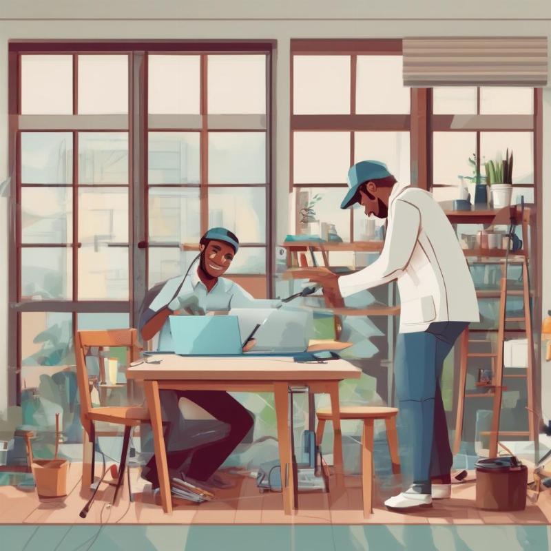 Hình ảnh một người thợ kỹ thuật đang sửa chữa laptop cho khách hàng tại nhà, minh họa dịch vụ sửa lỗi Windows tại nhà.