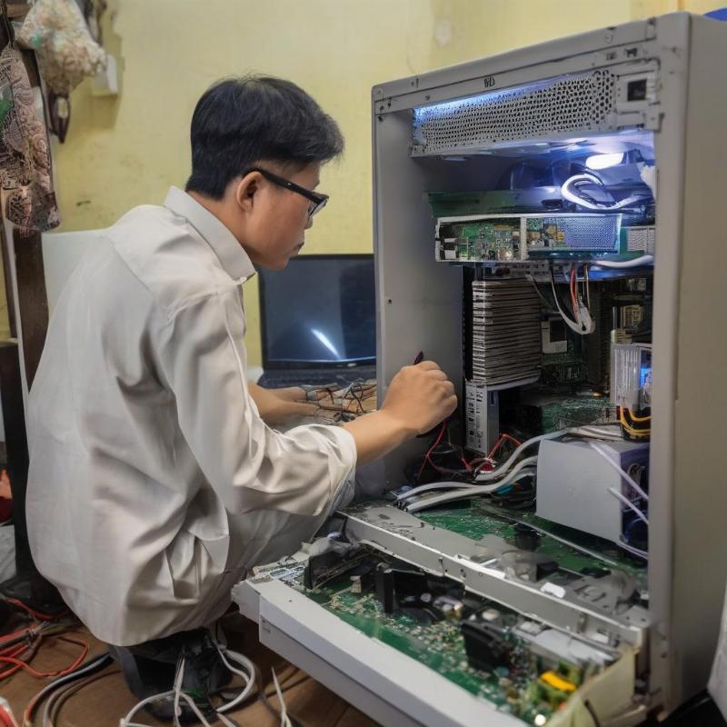 Kỹ thuật viên đang kiểm tra và sửa máy tính không lên nguồn tại nhà TP.HCM